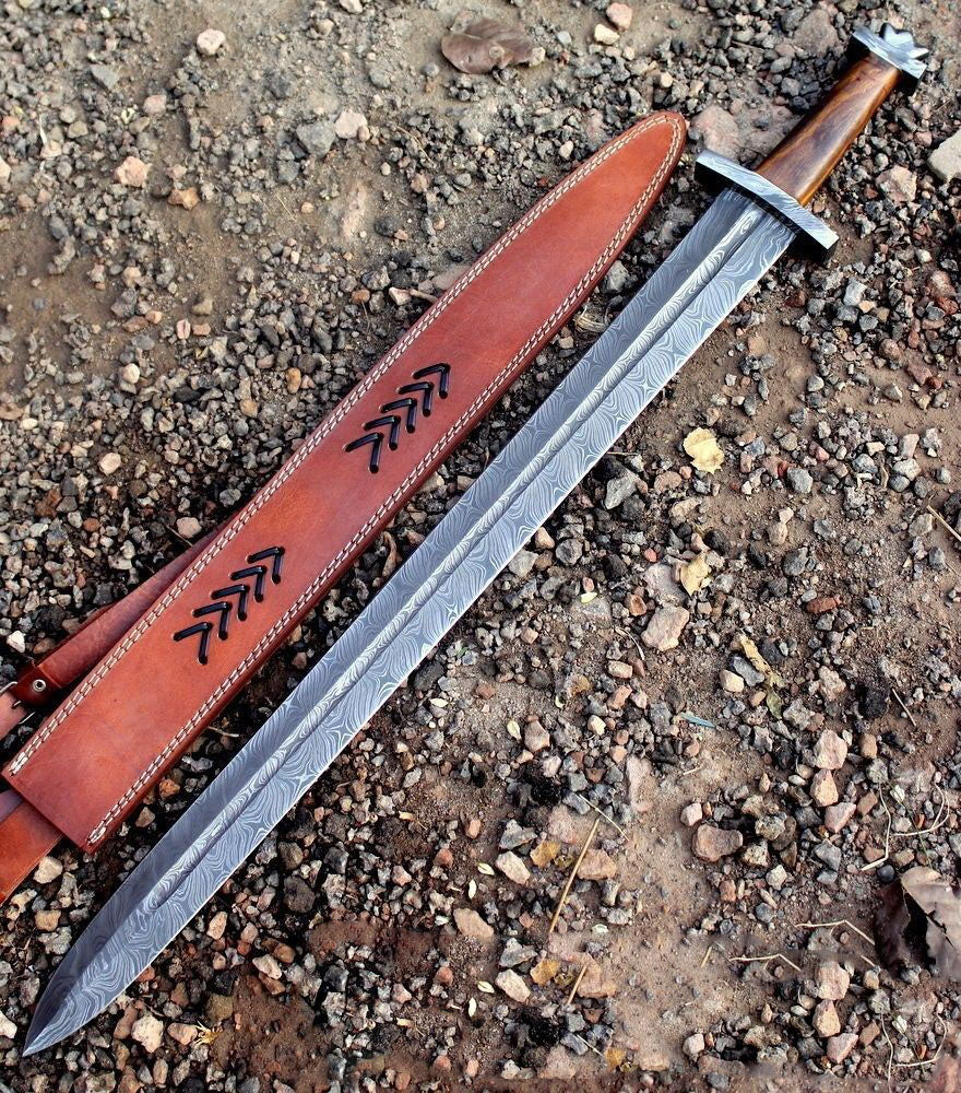 Custom Handmade Damascus Steel Sword With Leather Sheath A-143 - Arham Cutlery