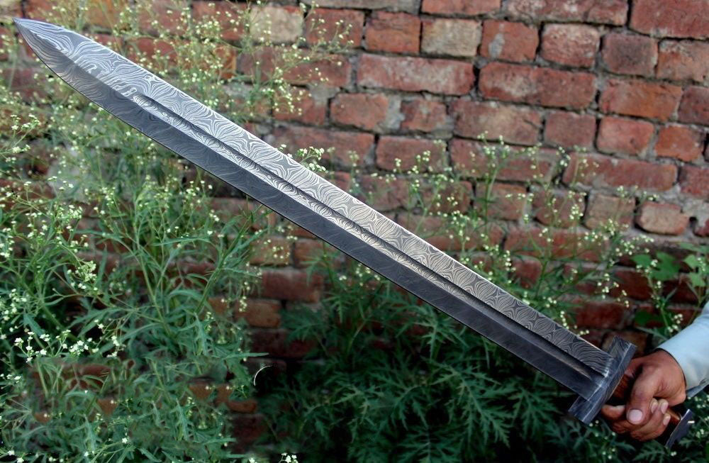 Custom Handmade Damascus Steel Sword With Leather Sheath A-143 - Arham Cutlery