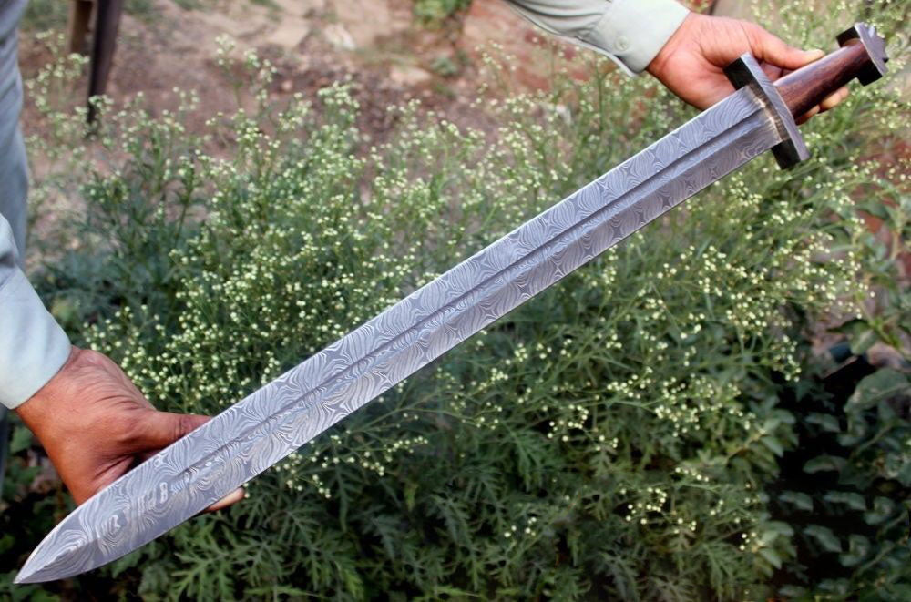 Custom Handmade Damascus Steel Sword With Leather Sheath A-143 - Arham Cutlery