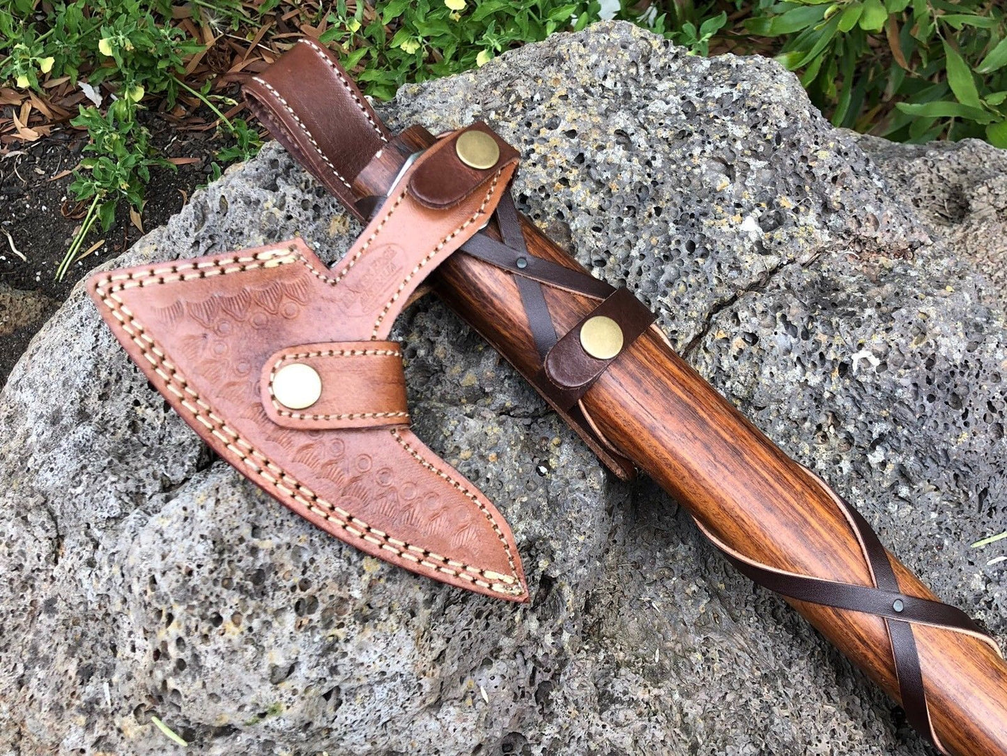 Custom Handmade Damascus Steel Axe With Leather Sheath A-95 - Arham Cutlery