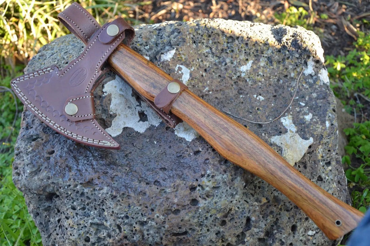 Custom Handmade Damascus Steel Axe With Leather Sheath A-97 - Arham Cutlery