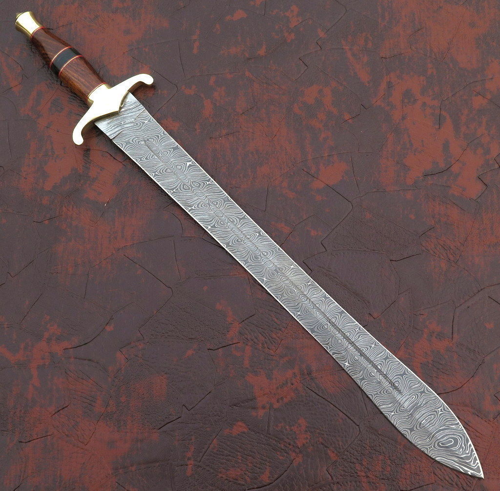 Custom Handmade Damascus Steel Sword With Leather Sheath A-147 - Arham Cutlery