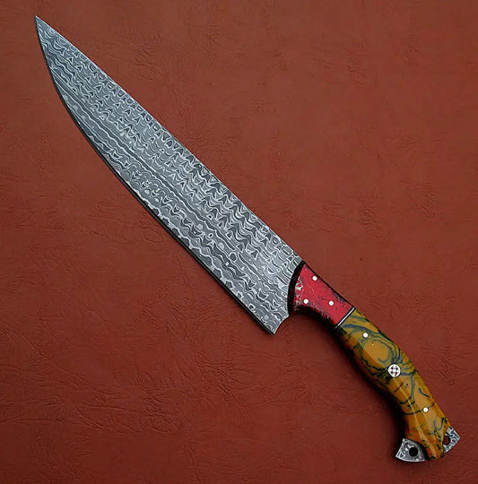 Custom Made Damascus Steel Hunting Bowie Knife With Leather Sheath A-112 - Arham Cutlery