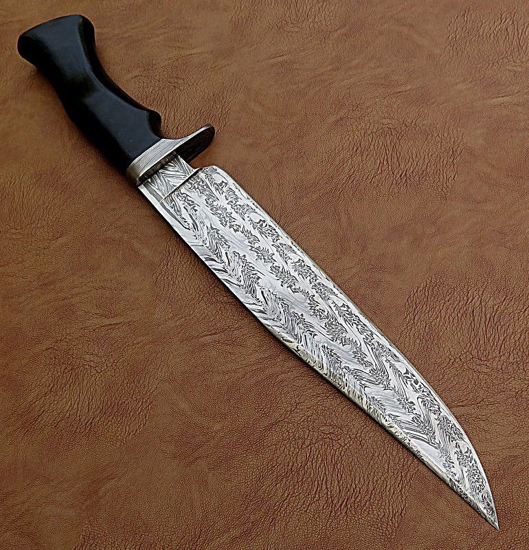 Custom Made Damascus Steel Hunting Bowie Knife With Leather Sheath A-114 - Arham Cutlery