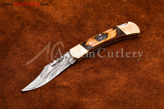 Custom Handmade Damascus Steel Blade, Back Lock, Folding Knife by Arham Cutlery | A-53 - Arham Cutlery