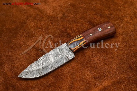 Custom Handmade Damascus Steel Fixed Blade Hunting Skinning Knife With Leather Sheath by Arham Cutlery | A-71 - Arham Cutlery