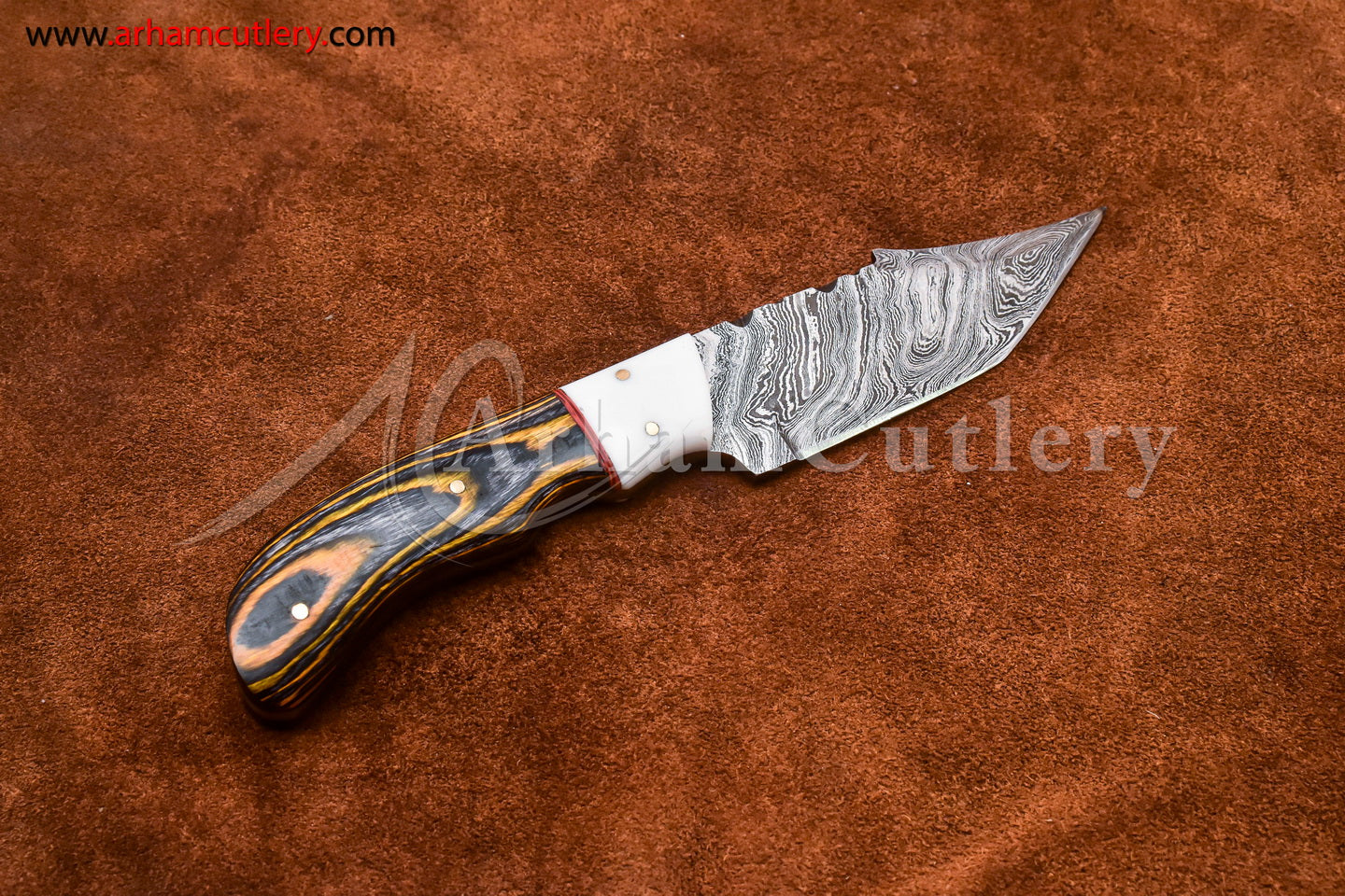 Custom Handmade Damascus Steel Fixed Blade Hunting Skinning Knife With Leather Sheath by Arham Cutlery | A-67 - Arham Cutlery