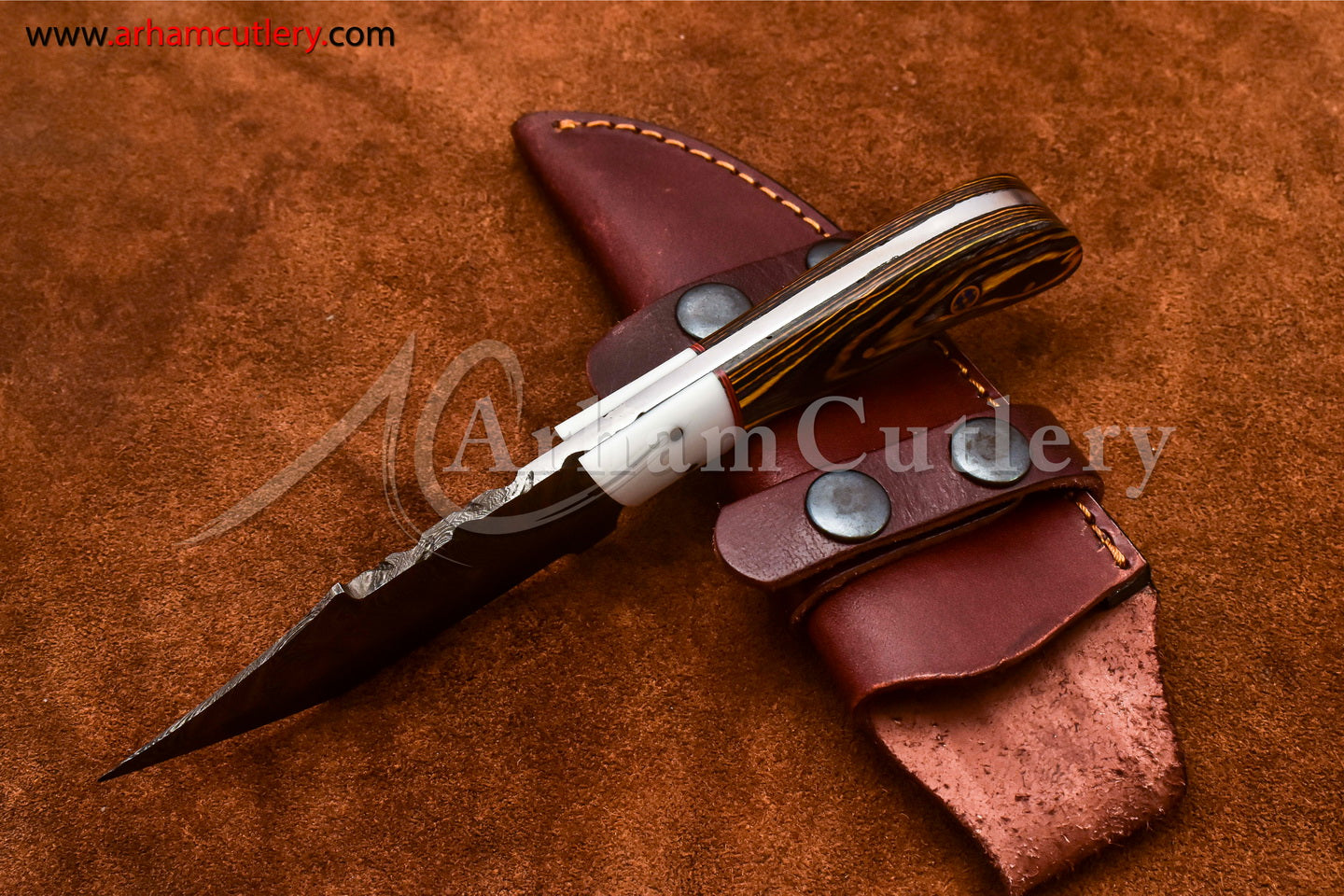 Custom Handmade Damascus Steel Fixed Blade Hunting Skinning Knife With Leather Sheath by Arham Cutlery | A-67 - Arham Cutlery