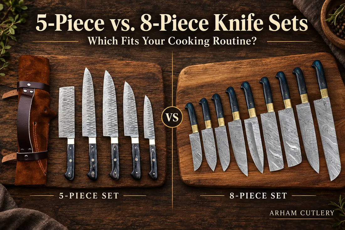 Five-piece and eight-piece Damascus kitchen knife sets displayed side by side on rustic wooden boards.