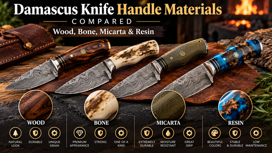 Damascus knife handle materials comparison showing wood bone Micarta and resin
