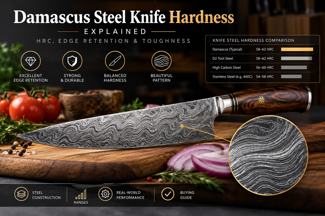 Damascus knife hardness and HRC comparison guide featuring patterned steel blade
