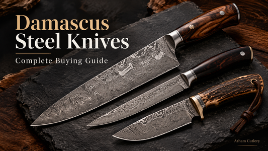 Handmade Damascus steel knives on dark slate with wood handles – Arham Cutlery buying guide