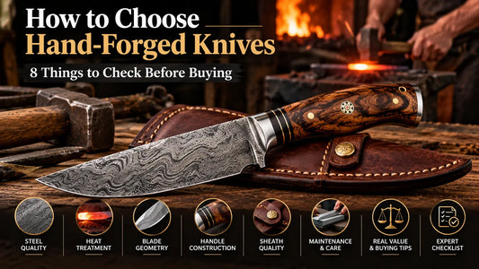 Hand forged knife buying checklist illustrated with Damascus knife and workshop