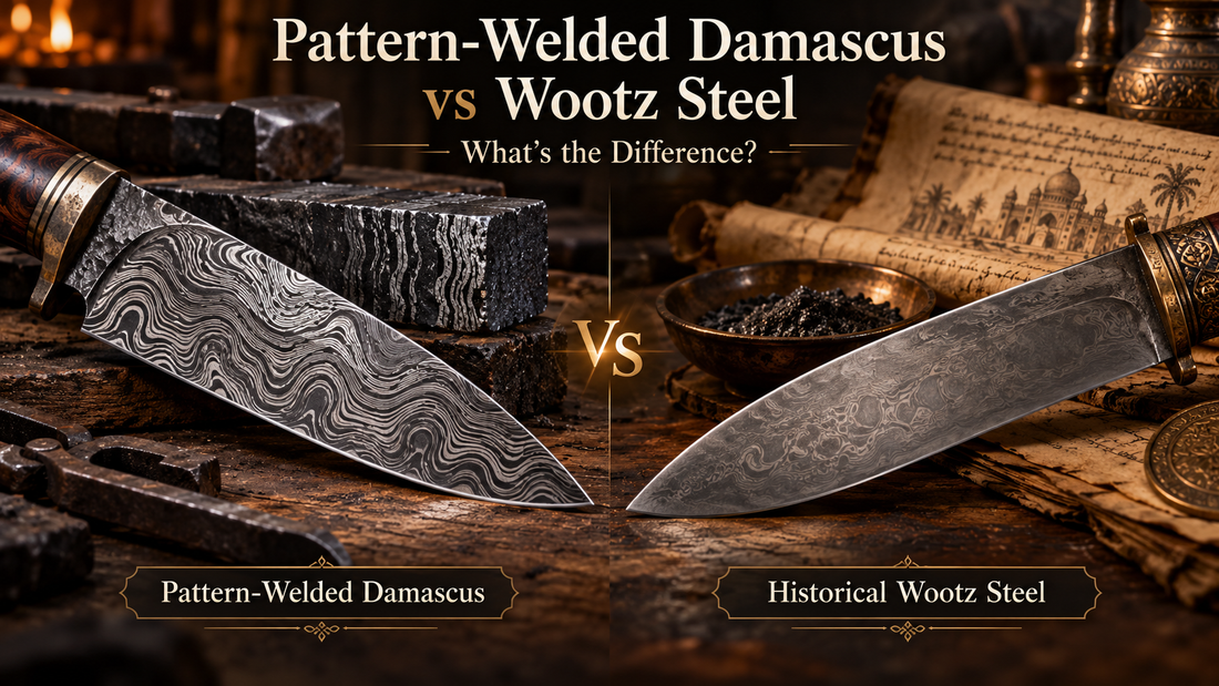 Pattern welded Damascus steel compared with historical wootz steel knife blades