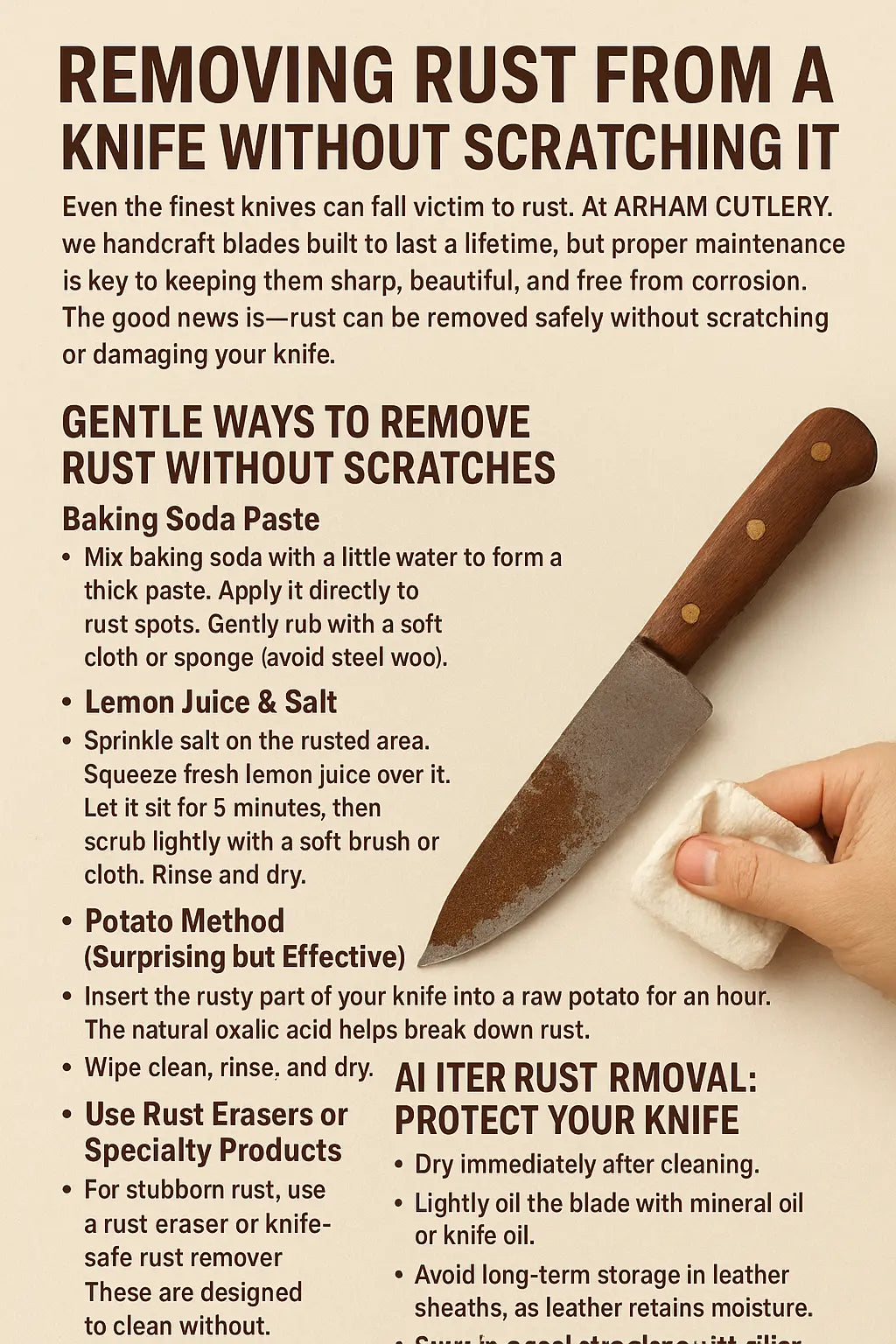 Step-by-step rust removal methods for knives (baking soda, vinegar, lemon, potato)
