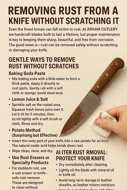 Step-by-step rust removal methods for knives (baking soda, vinegar, lemon, potato)