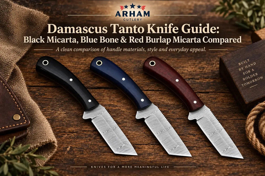 Damascus Tanto Knife Guide: Black Micarta, Blue Bone & Red Burlap Micarta Compared Arham Cutlery