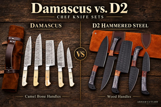 Damascus camel bone chef knife set beside a D2 hammered wood-handle set, both with leather carrying accessories.