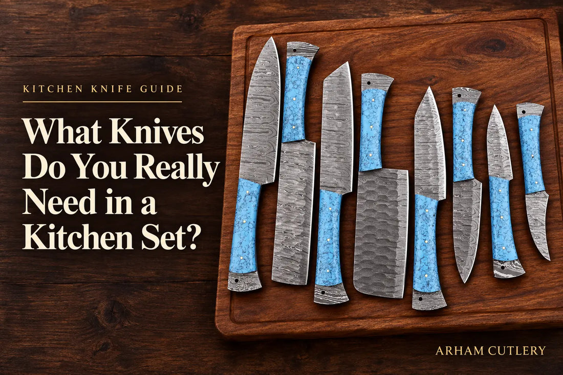 Eight-piece Damascus knife set with turquoise handles beside the title “What Knives Do You Really Need in a Kitchen Set?