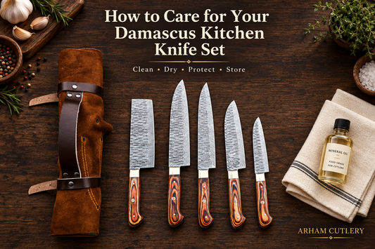 Arham Cutlery Damascus kitchen knife set with leather roll, cleaning cloth, and food-grade mineral oil.