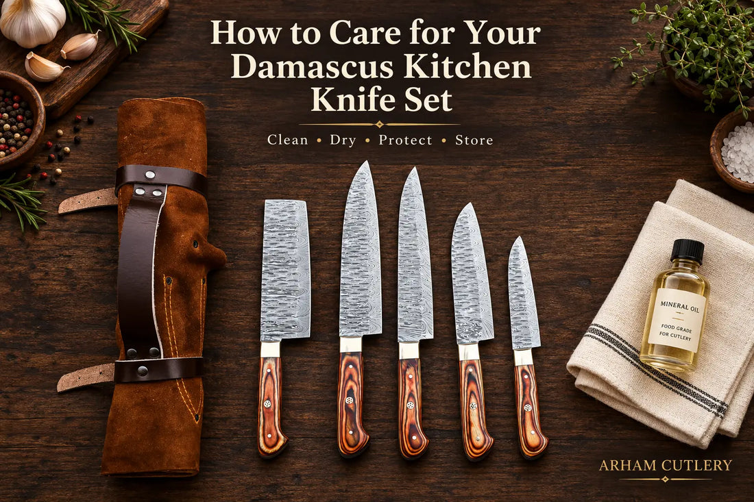Arham Cutlery Damascus kitchen knife set with leather roll, cleaning cloth, and food-grade mineral oil.