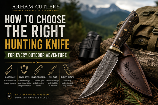 Handmade hunting knife with Damascus steel blade and leather sheath for outdoor adventures by Arham Cutlery.