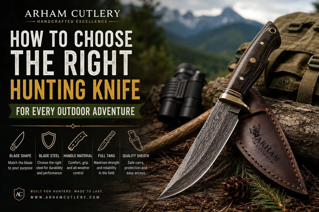 Handmade hunting knife with Damascus steel blade and leather sheath for outdoor adventures by Arham Cutlery.