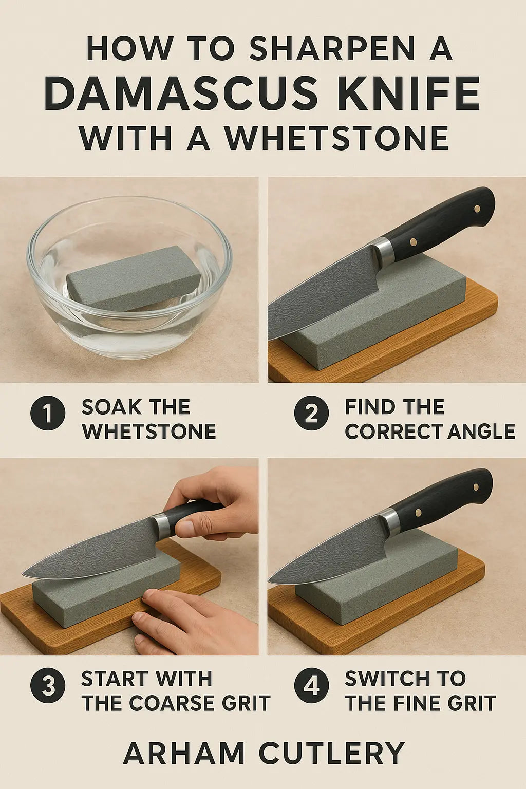 How to Sharpen a Damascus Knife with a Whetstone Arham Cutlery