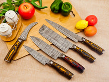 Lade das Bild in den Galerie-Viewer, 5 Piece Handmade Damascus Chef Knife Set - Chef&#39;s Knife, Fillet Knife, Cleaver, Small Chef knife, Paring knife - Arham Cutlery
