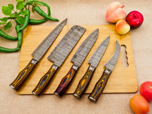 Lade das Bild in den Galerie-Viewer, 5 Piece Handmade Damascus Chef Knife Set - Chef&#39;s Knife, Fillet Knife, Cleaver, Small Chef knife, Paring knife - Arham Cutlery
