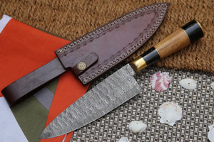 13" Handmade Santoku Damascus Chef Knife Buffalo Horn with Olive Wood Handle - Arham Cutlery