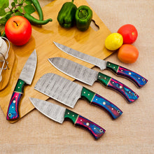 Cargar imagen en el visor de la galería, 5 Piece Handmade Damascus Chef Knife Set - Chef&#39;s Knife, Fillet Knife, Cleaver, Small Chef knife, Paring knife - Arham Cutlery
