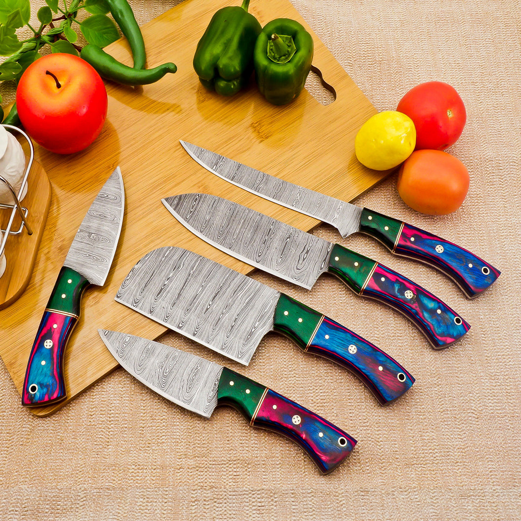 5 Piece Handmade Damascus Chef Knife Set - Chef's Knife, Fillet Knife, Cleaver, Small Chef knife, Paring knife - Arham Cutlery