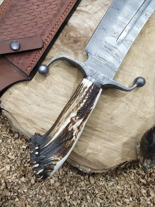 Custom Handmade Bowie Knife with Twisted Damascus Steel Blade and Antler Horn Handle - 15 Inches - Arham Cutlery