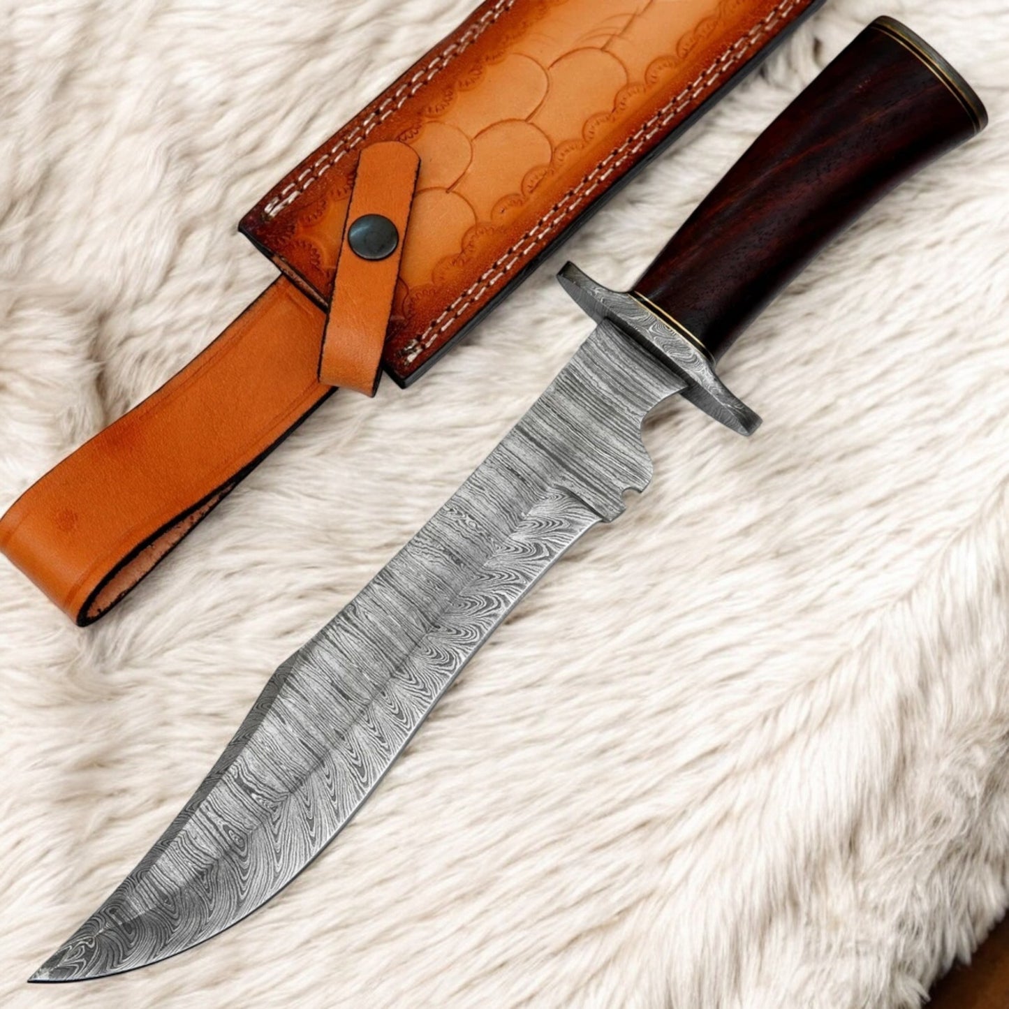 15” Handmade Damascus Bowie Knife with Wood Handle & Premium Leather Sheath | Arham Cutlery