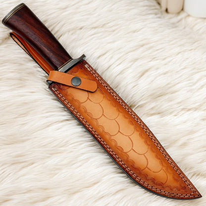 15” Handmade Damascus Bowie Knife with Wood Handle & Premium Leather Sheath | Arham Cutlery