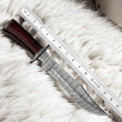 15” Handmade Damascus Bowie Knife with Wood Handle & Premium Leather Sheath | Arham Cutlery