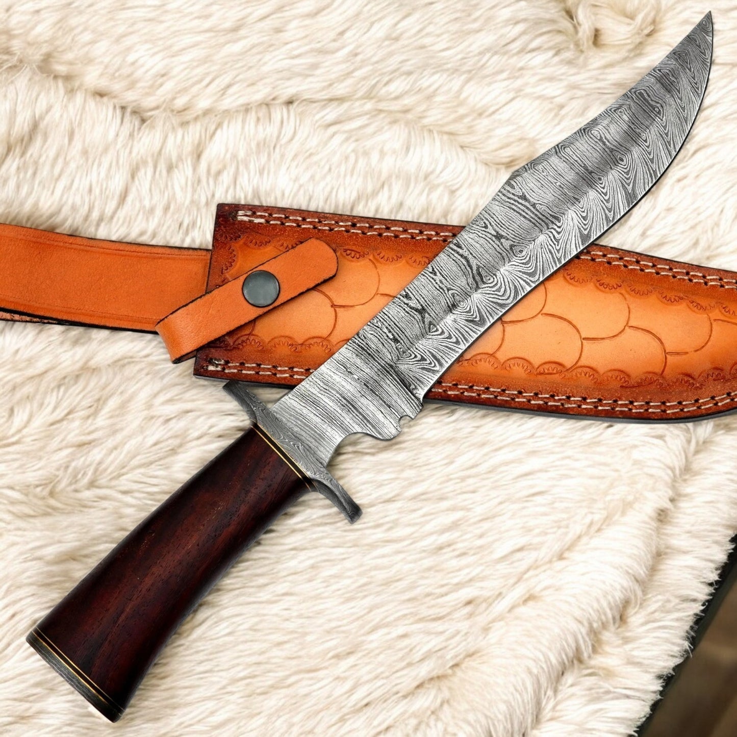 15” Handmade Damascus Bowie Knife with Wood Handle & Premium Leather Sheath | Arham Cutlery