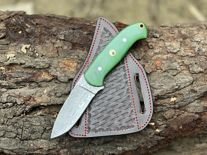Custom Made Damascus Steel Fixed Blade EDC knife with Leather Sheath