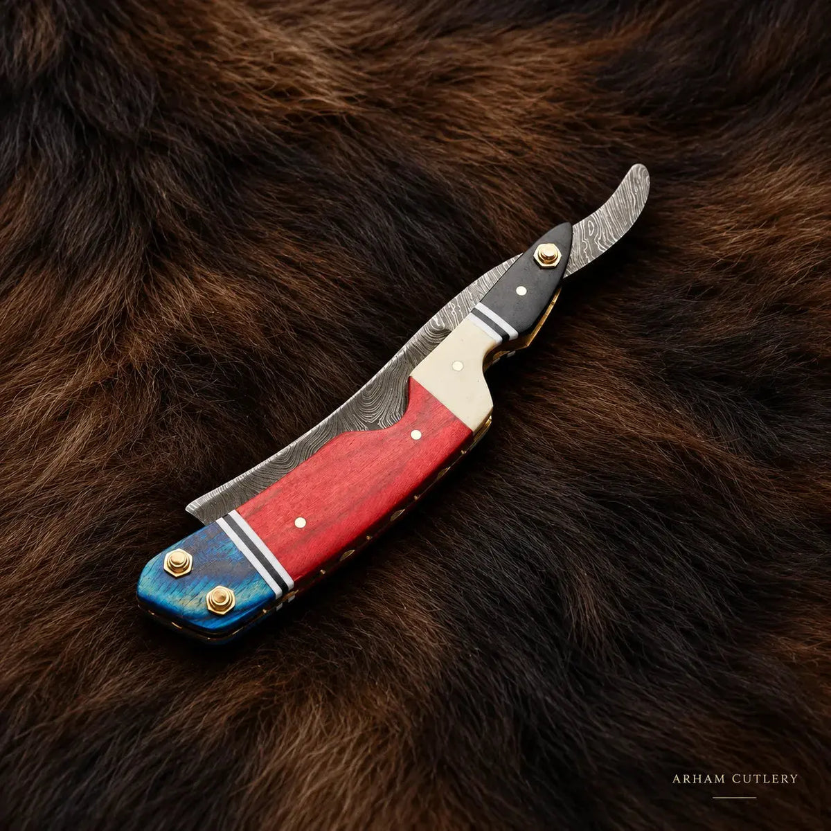 Ironveil Barbercrest™ Custom Damascus Straight Razor Arham Cutlery