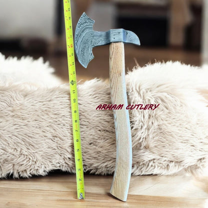 20” Handmade Damascus Steel Axe with Wood Handle & Leather Sheath | Arham Cutlery