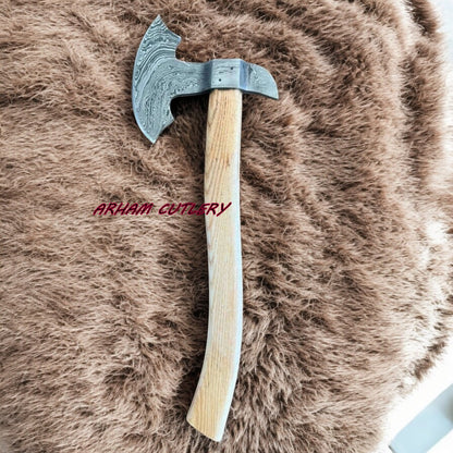 20” Handmade Damascus Steel Axe with Wood Handle & Leather Sheath | Arham Cutlery