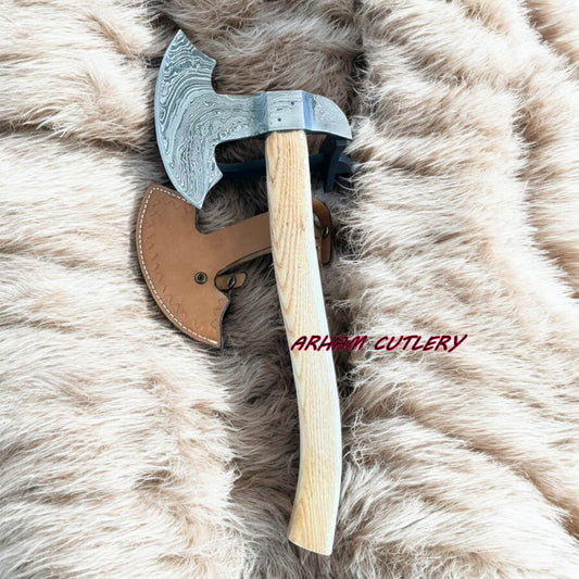 20” Handmade Damascus Steel Axe with Wood Handle & Leather Sheath | Arham Cutlery