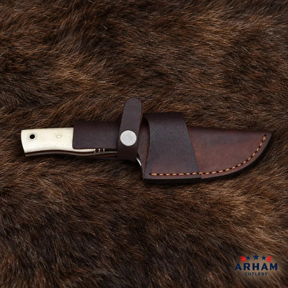 Bonecrest Trailnotch Damascus Hunting Knife – Cattle Bone Handle Arham Cutlery