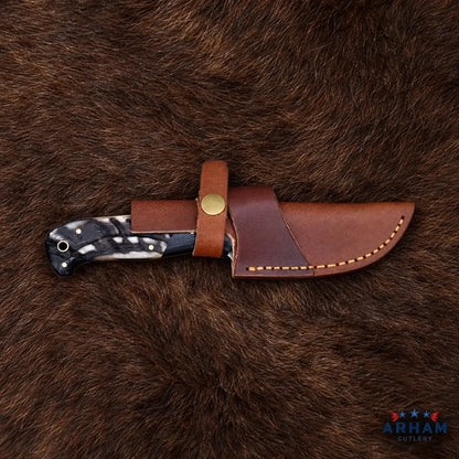 Ramcrest Blackforge Damascus Hunting Knife – Ram Horn & Micarta Handle Arham Cutlery