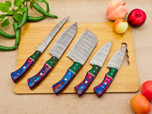 Load image into Gallery viewer, 5 Piece Handmade Damascus Chef Knife Set - Chef&#39;s Knife, Fillet Knife, Cleaver, Small Chef knife, Paring knife - Arham Cutlery
