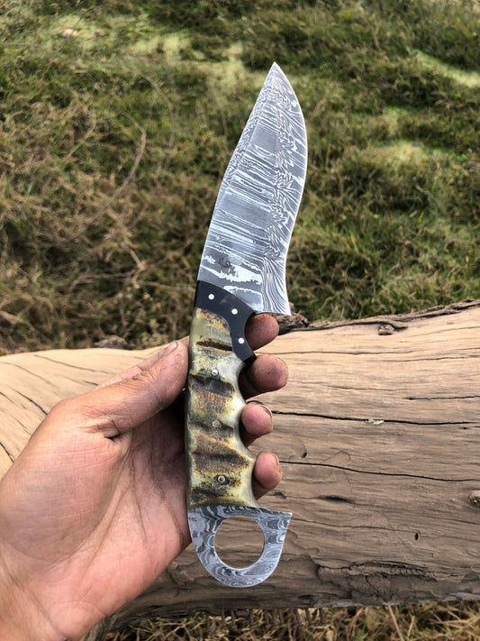 Custom Handmade Damascus Steel Ram Horn Fixed Blade Knife - Arham Cutlery