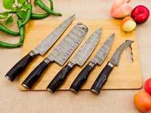 Lade das Bild in den Galerie-Viewer, 5 Piece Handmade Damascus Chef Knife Set - Chef&#39;s Knife, Fillet Knife, Cleaver, Small Chef knife, Paring knife - Arham Cutlery
