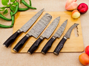 5 Piece Handmade Damascus Chef Knife Set - Chef's Knife, Fillet Knife, Cleaver, Small Chef knife, Paring knife - Arham Cutlery