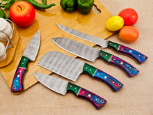 Lade das Bild in den Galerie-Viewer, 5 Piece Handmade Damascus Chef Knife Set - Chef&#39;s Knife, Fillet Knife, Cleaver, Small Chef knife, Paring knife - Arham Cutlery
